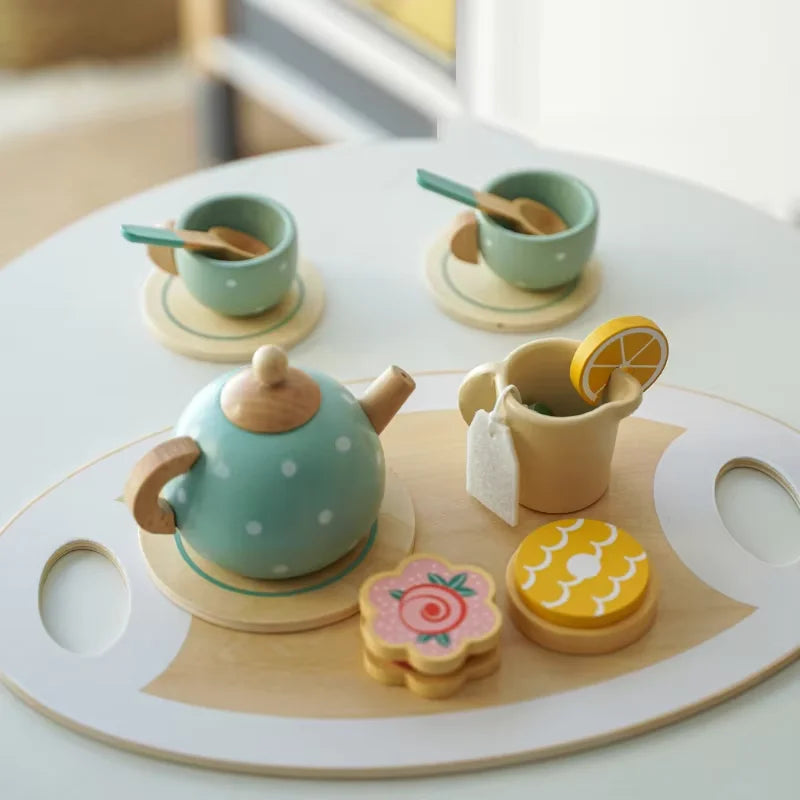 Role Play Wooden Afternoon Tea Set Toy Pretend Play Food Learning Game Early Educational Toys for Toddlers Girls Boys Kids Gifts