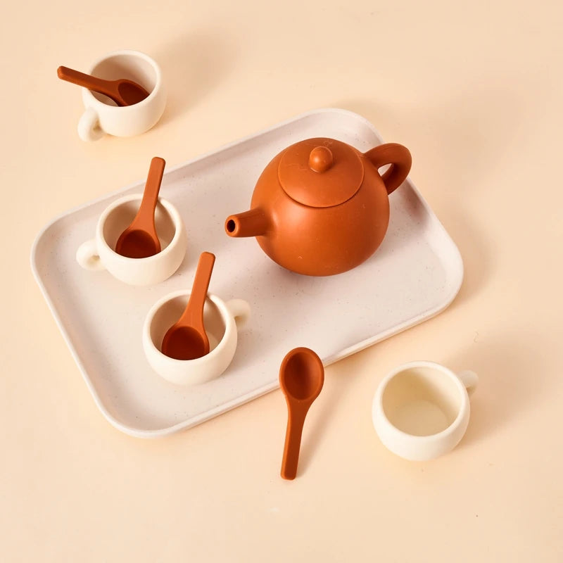 Kids Montessori Afternoon Tea Set Baby Teething Toy BPA Free Silicone Teapot and Teacups Role-Playing Kitchen Toy  Baby Toy Gift