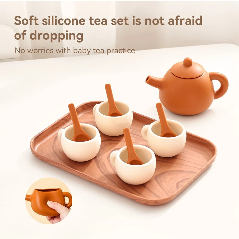 Kids Montessori Afternoon Tea Set Baby Teething Toy BPA Free Silicone Teapot and Teacups Role-Playing Kitchen Toy  Baby Toy Gift