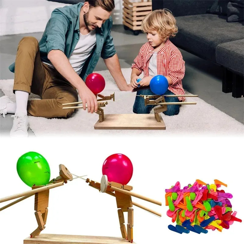 Balloon Bamboo Man Battle Handmade Wooden Fencing Puppets Wooden Bots Battle Game Two-Player Fast-Paced Balloon Battle Game