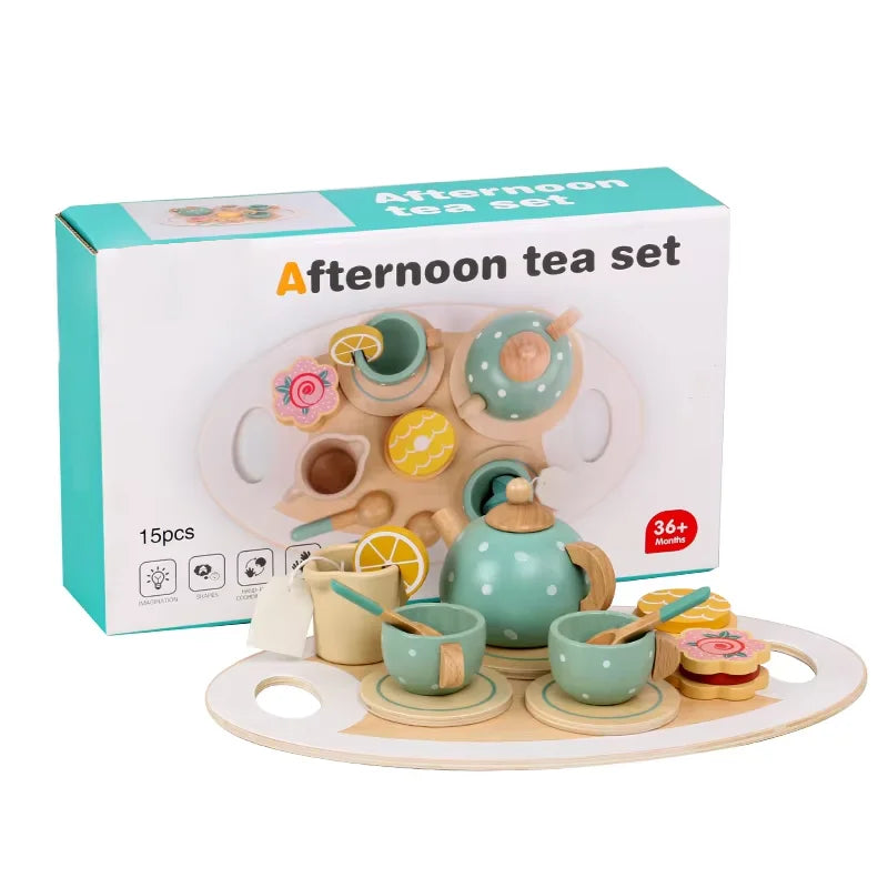 Role Play Wooden Afternoon Tea Set Toy Pretend Play Food Learning Game Early Educational Toys for Toddlers Girls Boys Kids Gifts