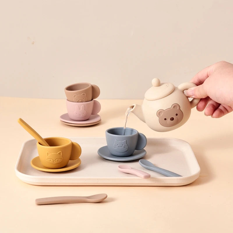 Kids Montessori Afternoon Tea Set Baby Teething Toy BPA Free Silicone Teapot and Teacups Role-Playing Kitchen Toy  Baby Toy Gift