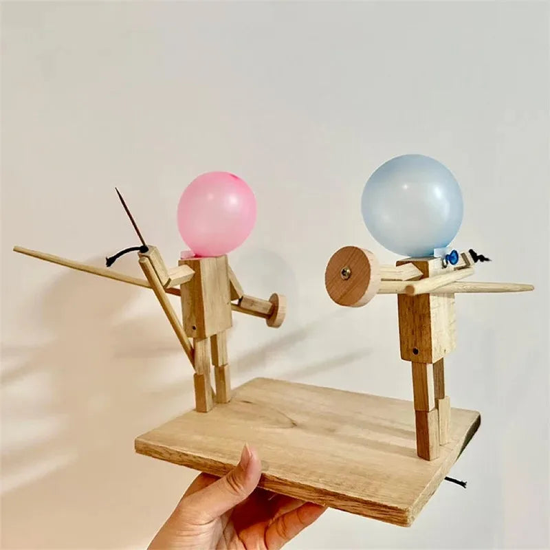 Balloon Bamboo Man Battle Handmade Wooden Fencing Puppets Wooden Bots Battle Game Two-Player Fast-Paced Balloon Battle Game