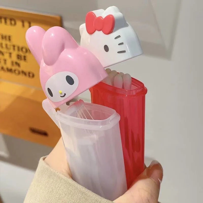 Cute Sanrio Hello Kitty Storage Box Kawaii Anime My Melody Toothpick Cosmetic Swab Storage Box Portable Travel Mini Container