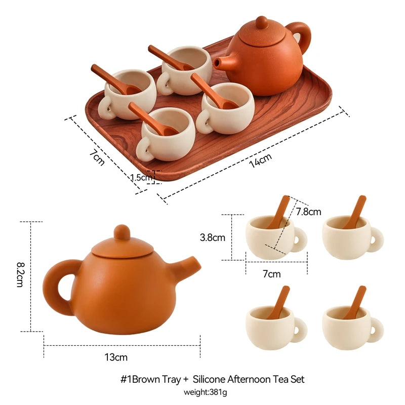 Kids Montessori Afternoon Tea Set Baby Teething Toy BPA Free Silicone Teapot and Teacups Role-Playing Kitchen Toy  Baby Toy Gift