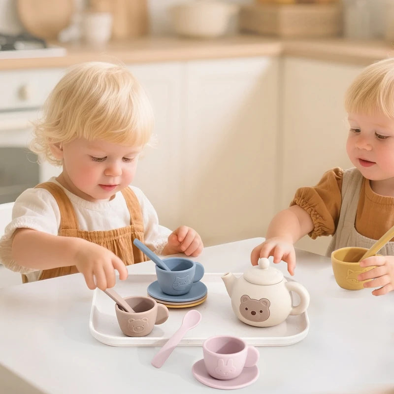 Kids Montessori Afternoon Tea Set Baby Teething Toy BPA Free Silicone Teapot and Teacups Role-Playing Kitchen Toy  Baby Toy Gift