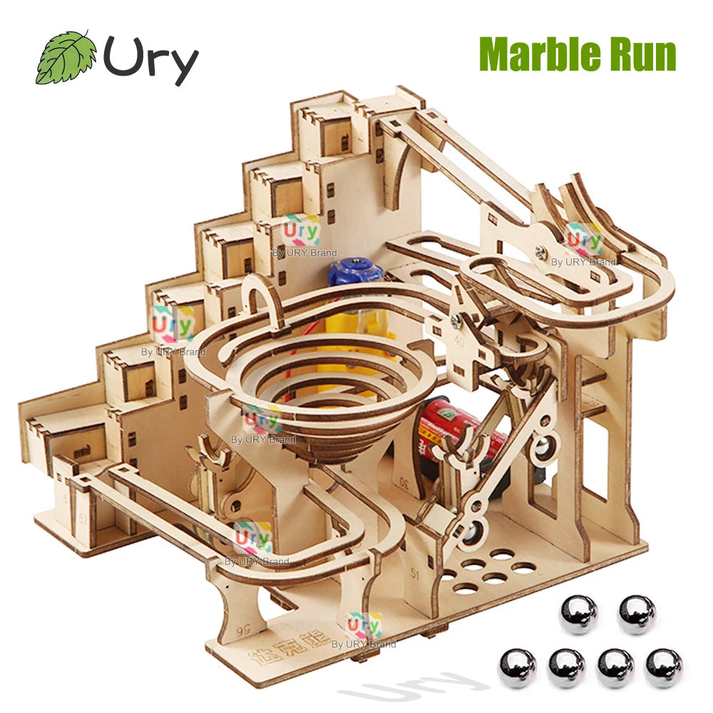 Ury 3D Wooden Puzzles Electric Staircase Track Device Marble Run Set Mechanical Model Science Maze 6 Balls Assembly Gift for Kid