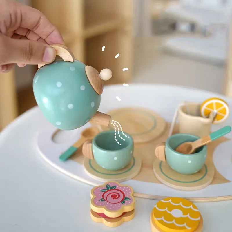 Role Play Wooden Afternoon Tea Set Toy Pretend Play Food Learning Game Early Educational Toys for Toddlers Girls Boys Kids Gifts