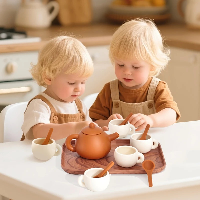 Kids Montessori Afternoon Tea Set Baby Teething Toy BPA Free Silicone Teapot and Teacups Role-Playing Kitchen Toy  Baby Toy Gift