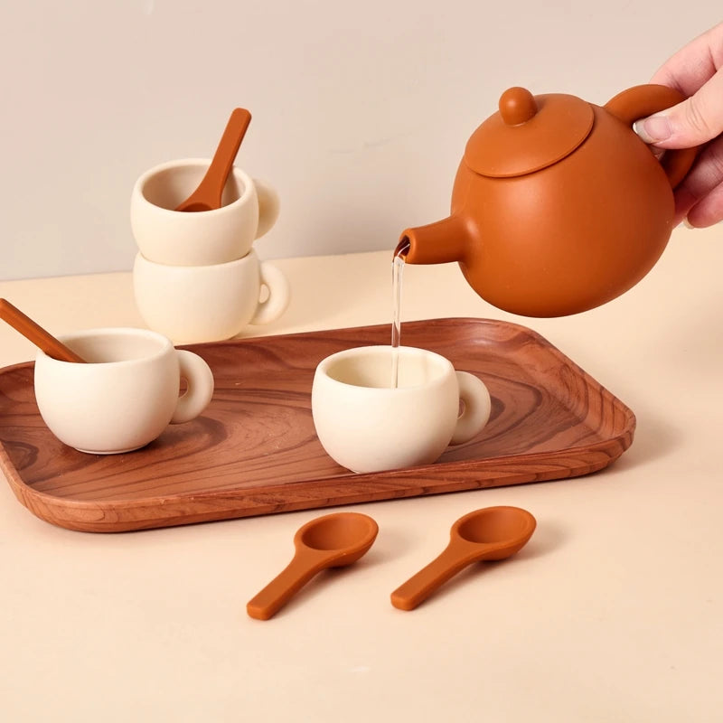 Kids Montessori Afternoon Tea Set Baby Teething Toy BPA Free Silicone Teapot and Teacups Role-Playing Kitchen Toy  Baby Toy Gift