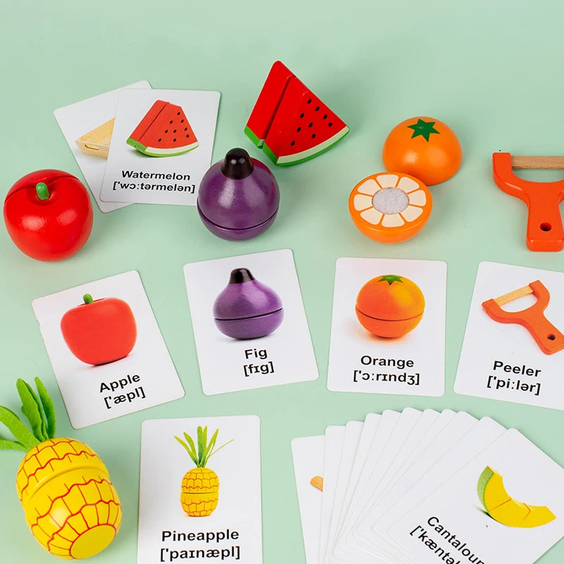 19 Pcs Wooden Play Food Cutting Set Toddler Pretend Play Kitchen Fruits Gift for Boys Girls Educational Toys Early education