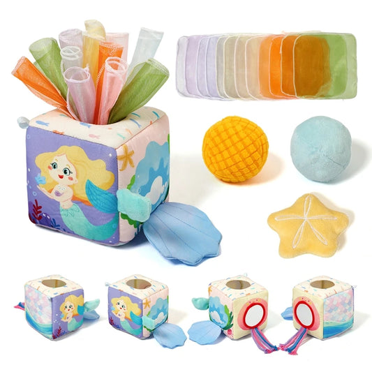 Baby Montessori Toy cotton Magic Tissue Box Finger Exercising Busy Board Game Cloth Book Cartoon Mermaid Puzzle Toy Girl's Gifts