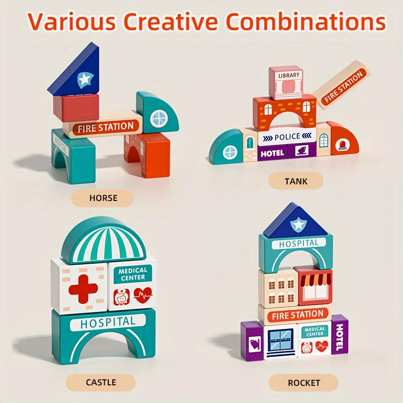 Kids Wooden Building Blocks Construction Building Sets City Building Blocks Stacking Blocks Educational Toys for Boys Girls